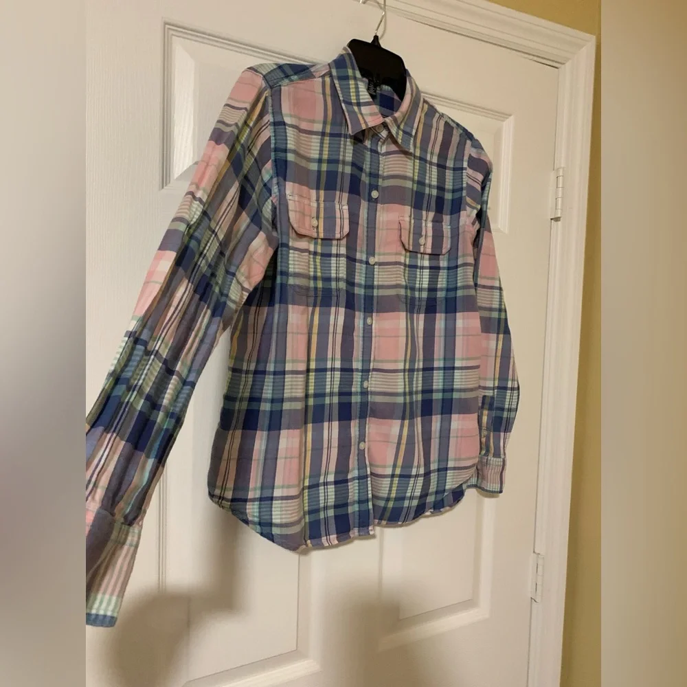 Chaps‎ Denim Pink and Blue Plaid Collared Long Sleeve Button Down Shirt Large